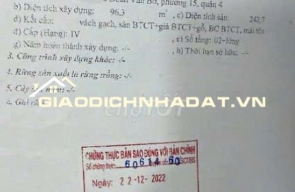 Chính chủ Bán đất full thổ cư ở Đoàn Văn Bơ P15 Quận 4