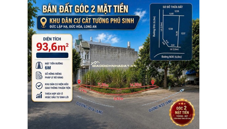 BÁN ĐẤT ĐỨC HOÀ TỈNH TÂY NINH - DT 93,6 M2 - SHR - 2TỶ050TR. LH:0903974577