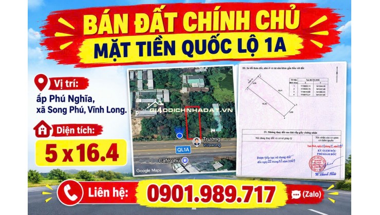 CHÍNH CHỦ CẦN BÁN LÔ ĐẤT 80,3m2 MẶT TIỀN QUỐC LỘ 1A