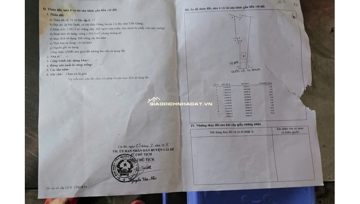 BÁN ĐẤT CÁI BÈ TIỀN GIANG, DT 2CÔNG8 - SHR - 17.5 TỶ. LH:0354408935